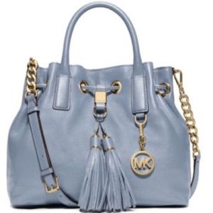 NWT MICHAEL MICHAEL KORS Camden Medium Leather Drawstring Satchel $358 Pale Blue